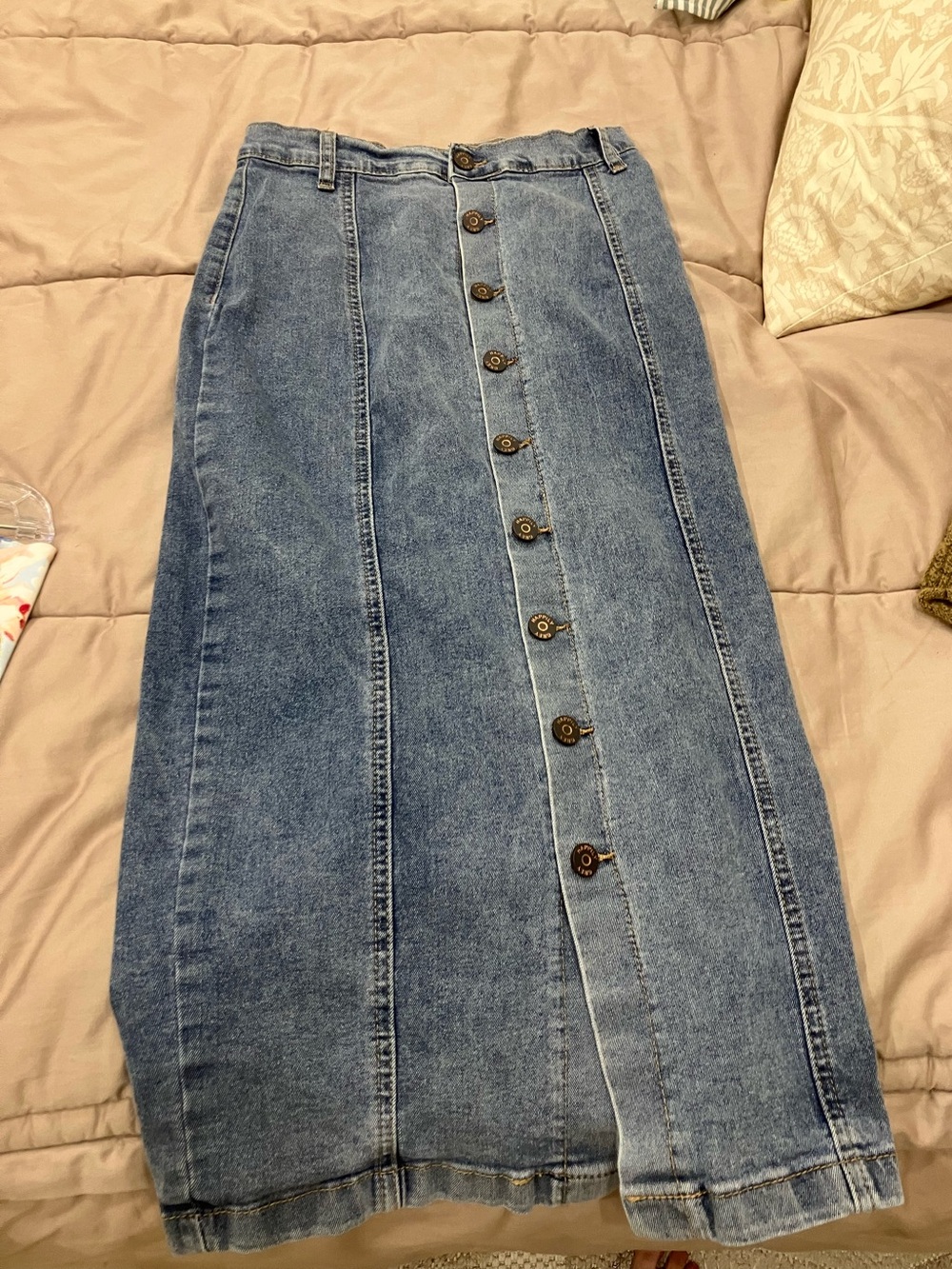Classic Blue Denim Button-Front Pencil Skirt
